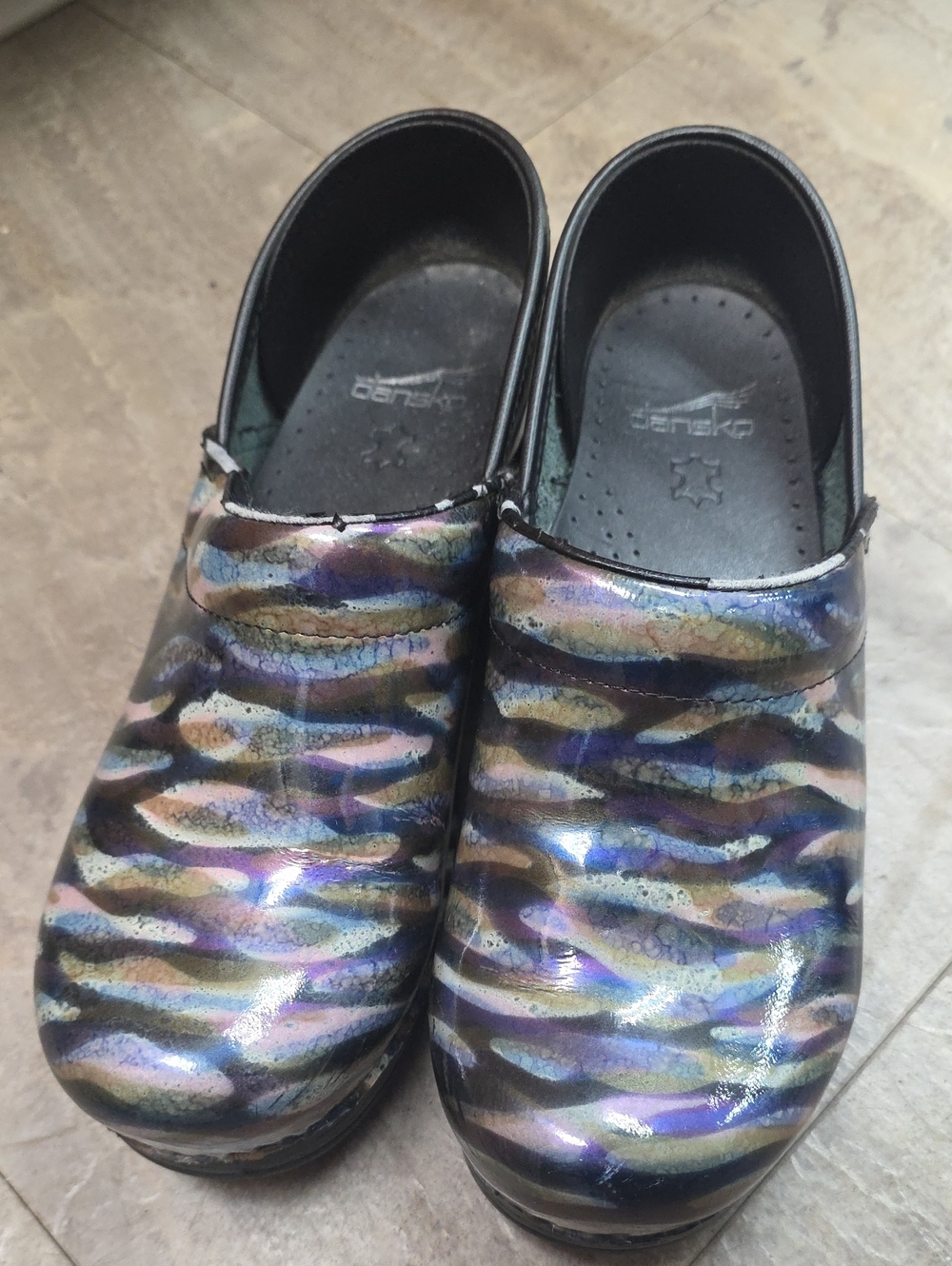 Dansko Iridescent Multicolor Zebra-Print Clogs